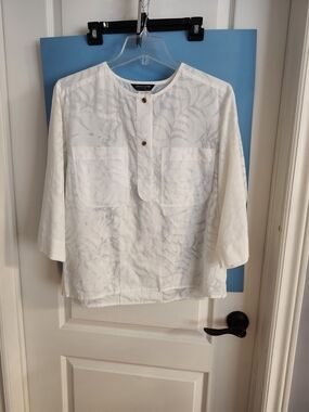 Vintage Pierre Cardin White Printed Cotton Button-Neck Blouse